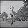 Larry Kert and Carol Lawrence on location in Central Park for publicity for the stage production West Side Story
