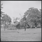 Larry Kert and Carol Lawrence on location in Central Park for publicity for the stage production West Side Story