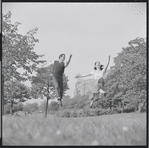Larry Kert and Carol Lawrence on location in Central Park for publicity for the stage production West Side Story