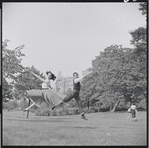 Larry Kert and Carol Lawrence on location in Central Park for publicity for the stage production West Side Story