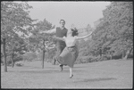 Larry Kert and Carol Lawrence on location in Central Park for publicity for the stage production West Side Story