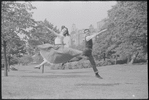 Larry Kert and Carol Lawrence on location in Central Park for publicity for the stage production West Side Story