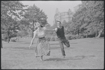 Larry Kert and Carol Lawrence on location in Central Park for publicity for the stage production West Side Story