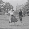 Larry Kert and Carol Lawrence on location in Central Park for publicity for the stage production West Side Story