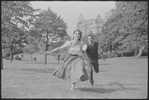 Larry Kert and Carol Lawrence on location in Central Park for publicity for the stage production West Side Story