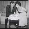 Publicity photographs of actors celebrating backstage the first anniversary for the stage production West Side Story