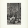 Untitled (two somber children; skyscraper background)