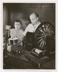 Ora Nichols and Frank Gow (with CBS microphone visible) in the CBS sound effects department performing for the WABC-Columbia network radio program The Ghost of Benjamin Sweet
