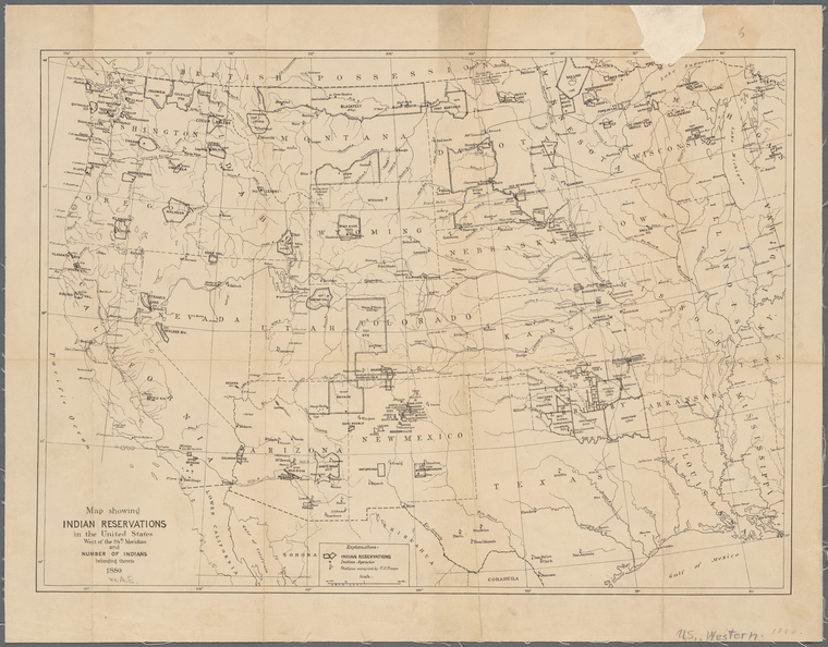 Map showing Indian reservations in the United States west of the 84th