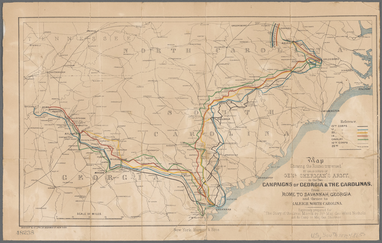 Map showing the routes traversed by each corps of Genl. Sherman's army in the two campaigns of Georgia & the Carolinas (1865) by Harper and Brothers