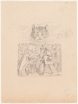 Drawing of the Cheshire Cat in the Sky with Executioner, King and Queen below