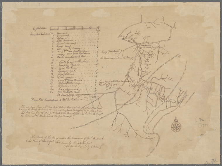 The route of the army under the command of Genl. Braddock to the place of their defeat  C. Gist. 1755