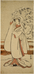 Segawa Kikunojo as young woman, dressed in white on a snowy day