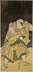 The actor Ichikawa Komazo, wearing a straw coat and holding a candle, under a willow