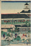 A picture showing the front garden of the Tuskiji Hotel, Tokyo