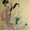 Woman reading while maid combs her hair