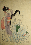 Woman reading while maid combs her hair
