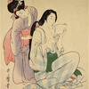 Woman reading while maid combs her hair