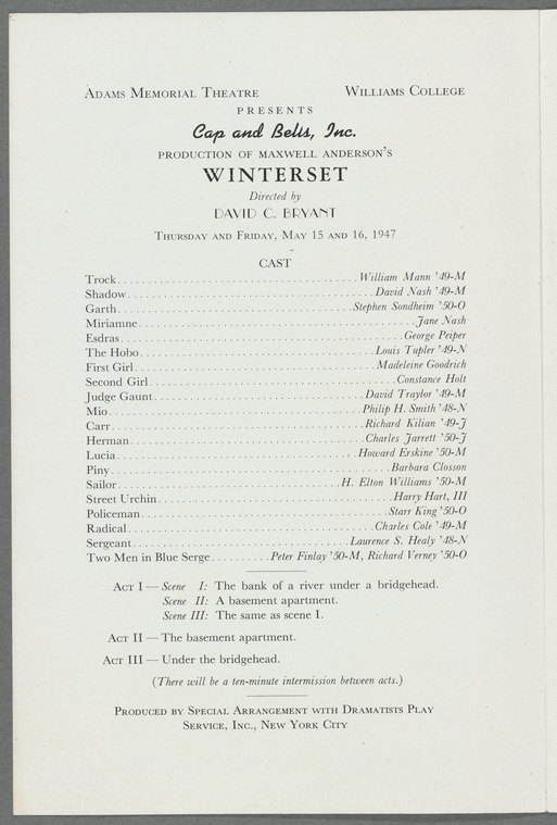  Program from production at Adams Memorial Theatre, Williams College