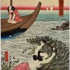 Prince Genji drinking saki in a boat while watching Awabi divers