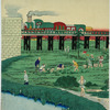 Train on bridge; farms in foreground