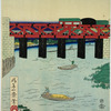 Train on bridge; farms in foreground