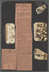 Scrapbook page of snapshots of George Brashear, friends of Brashear identified as Teddy, Manuel, Leon and Betty, a group of young women, and a news clipping of a sports article reporting the Whittier State football team's 46 to 0 victory over Santa Barbara High School, circa 1913