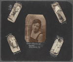 Scrapbook page of portraits of friends and acquaintances of George Brashear, consisting of snapshots of Sue and an unidentified man from Forest Park, Georgia; the Gerhardt sisters from St. Louis, Missouri; a double exposure of Brashear and two women named Van and Rosie; and a studio portrait of Minnie H. Gerhardt, a teacher from Carbondale, Illinois, circa 1919