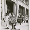 Playwright Lorraine Hansberry, at front on left, joining New York University student picketers protesting the required registration of race and religion on NYU registration cards