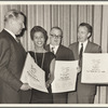 John McClain [presenting award], Lorraine Hansberry, Friedrich Dürrenmatt and Robert Dhéry receiving 1959 New York Drama Critics Awards