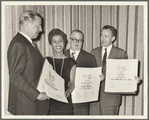 John McClain [presenting award], Lorraine Hansberry, Friedrich Dürrenmatt and Robert Dhéry receiving 1959 New York Drama Critics Awards