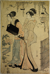 Women Admiring Peonies under a Wisteria Trellis