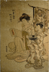 Woman reading; two attendants nearby, kimono stand in background