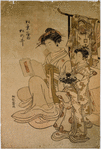 Woman reading; two attendants nearby, kimono stand in background