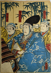 Three actors as samurai before bamboo screen