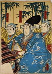 Three actors as samurai before bamboo screen