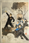 Japanese soldiers fire cannon at ship