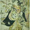 The actor Segawa Kikujiro in the role of Umegai, standing on the veranda of a house, near the water holder from which gold pieces were thrown up when she bargained with the Evil One  for a marriage portion