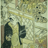 Yamamoto Matsusaburo as a woman seated in a house and talking to Yamamoto Kiyoshiro in the role of a samurai standing outside the gate