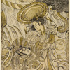 Segawa Kikunojo as Onna Narukami hurling a huge rock at Soga no Goro Tokimune, impersonated by an actor of the Ichimura line.  Rain is falling and a dragon appears partly veiled by a black storm cloud
