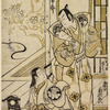 Segawa Kikunojo as a woman at her toilet before a mirror and Nakamura Katsujuro as a samurai standing beside her.  Outside the house, a blossoming cherry tree appears, and a glimpse of a winding stream