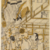Segawa Kikunojo as a Onna no Narukami, seated, holding a sake cup.  By her side a sake bottle, behind her stands Saitogo, impersonated by Onoe Kikugoro.  Behind them a waterfall and the corner of a house