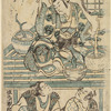 Bando Hikosaburo in the role of Tsuneyo Sano seated upon the veranda of a house, cutting down his potted trees.  Seated on the ground are Nakamura Sukegoro as a man pouring rice from a box into a large basket, and Sannogawa Ichimatsu as another man seated beside him, both engaged in conversation with Sano