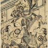 Scene from "Chushingura".  Arashi Tominosuke as Tonase, the wife of Honzo, Arashi Otohachi, as her daughter, Konami and Matsumoto Koshiro