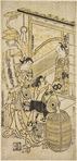 Scene from "Soga Katagiuchi". Segawa Kikunojo in the role of Keisei no Yoichi, Nakamura Shichisaburo as Sogo no Juro looking out from a room in a house at her and Ichikawa (?) who stands by Yoichi with scowling face, his left hand resting on a bale of rice