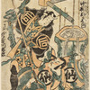 Sannogawa Ichimatsu in the role of Kane, a samurai who, with a halberd, is pricking three large bales that Kono Moronori, impersonated by Nakamura Sukegoro, has in charge