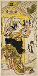 Segawa Kikuno jo in the role of Notori Soga, a joro dancing in front of Dai ni Bamme Yodoya, upon the roof of which a cock is perched