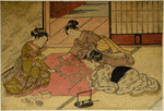 Three girls playing utagaruta (the game of poem cards)