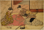 Three girls playing utagaruta (the game of poem cards)