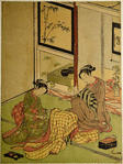 Two women seated in a parlor by a bamboo stand overwhich an overcoat has been thrown, thus forming a sort of kotatsu.  One of the women holds an incense burner.  In the background is a go table